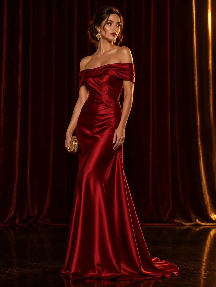 Lady in a deep red satin evening gown